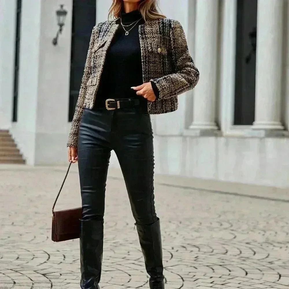Multicolor Elegant Women's Plaid Pattern Flap Pocket Open Front Tweed Overcoat